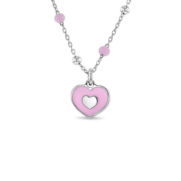 Pink Heart Satellite 14" Girls Necklace - Sterling Silver for wholesale by In Season Jewelry