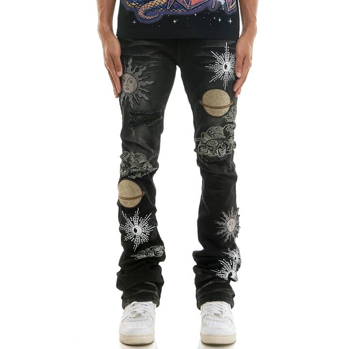 PLEAT PRINT FLARE JEANS for wholesale by KDNK