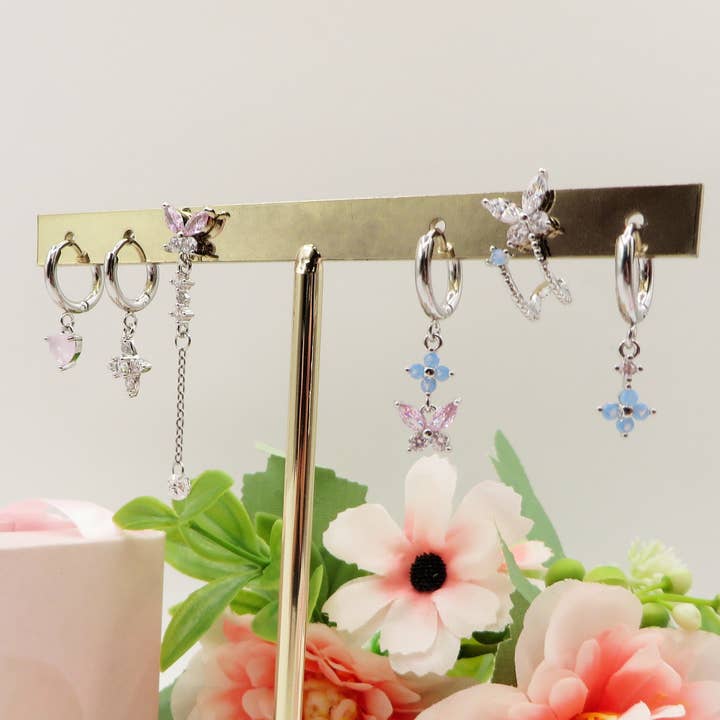 BUTTERFLY Set 6 Ohrringe SILBER - EDELSTAHL - 6 Hängeohrringe mit Zirkonia für den Großhandel von Daemon srls