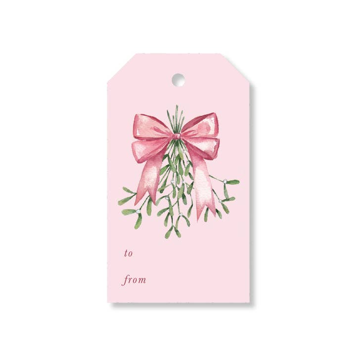Paper Betty - Wholesale Gift Tag - Pink Bow with Mistletoe Holiday Gift Tag Set1
