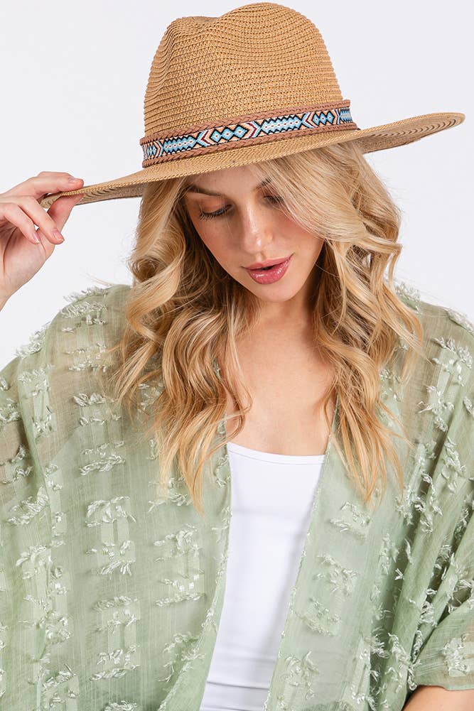 Hana – wholesale Stråhatt – Dam – Vävd Boho Aztekiskt Mönster Band Sommar Solhatt11