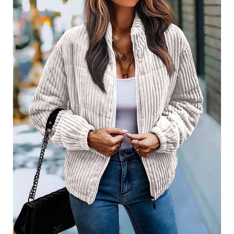 Gray Fuzzy Pocket Zipper Strip Coat Jacket for wholesale on Faire6