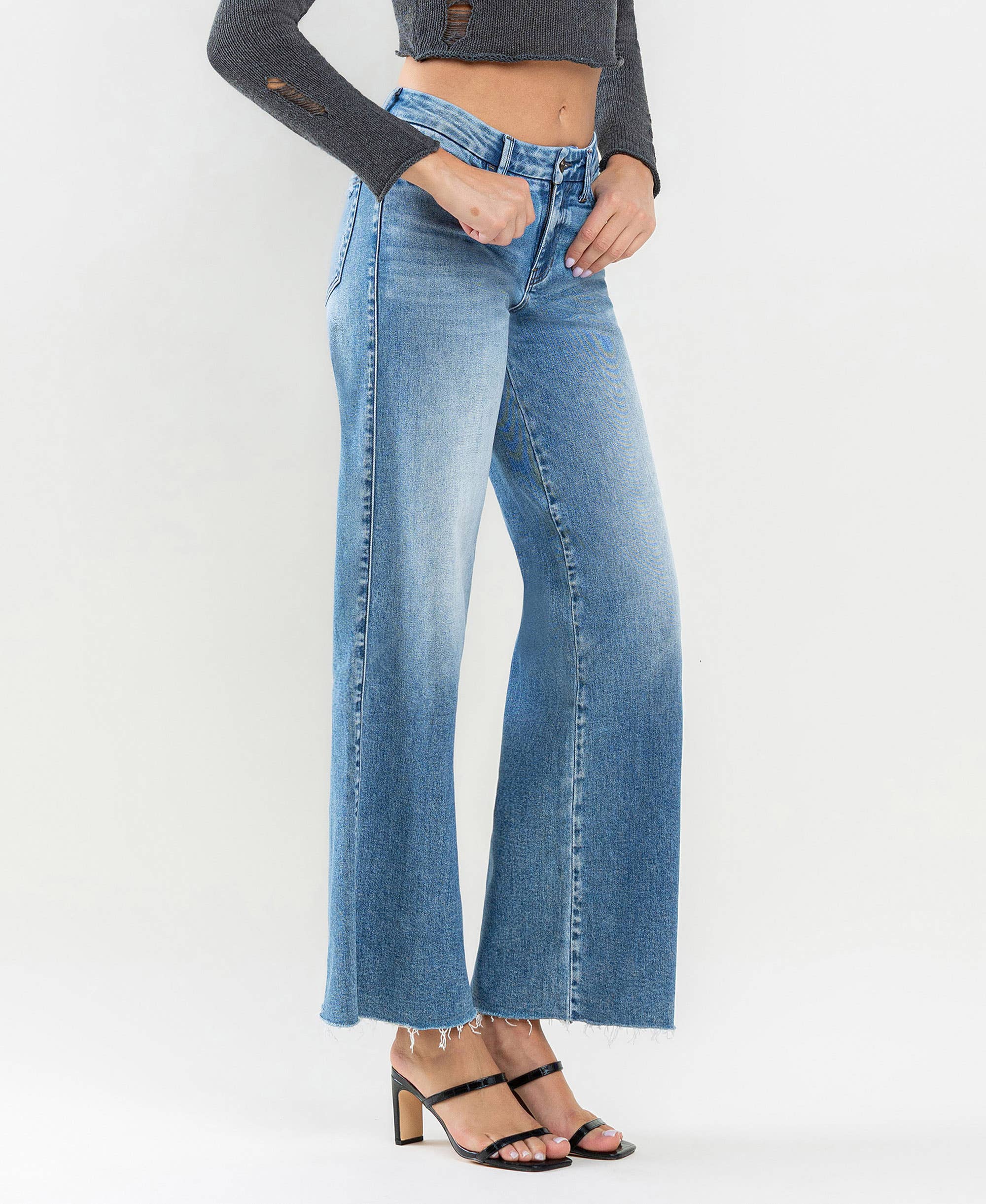 VOUCHSAFE MID RISE CLEAN CUT RAW HEM WIDE JEANS T6017 for wholesale on Faire5