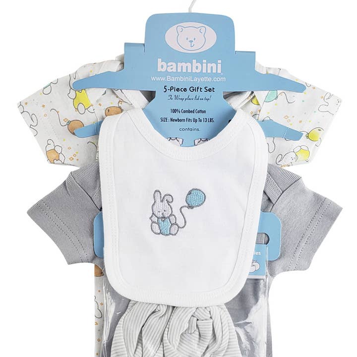 Bambini Infant Wear inc. - Venta al por mayor Conjunto de ropa - Bebés - Set de regalo colgante de 5 piezas en interlock pastel - Estampado de conejo0