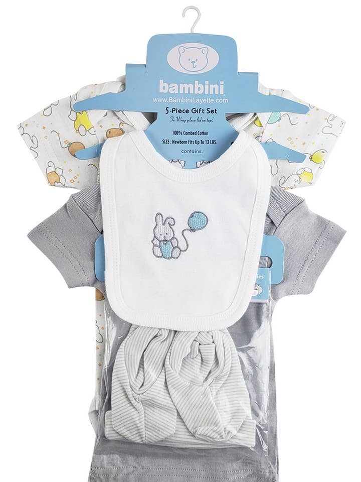 5-Piece Pastel Interlock Hanging Gift Set - Bunny Print for wholesale by Bambini Infant Wear inc.