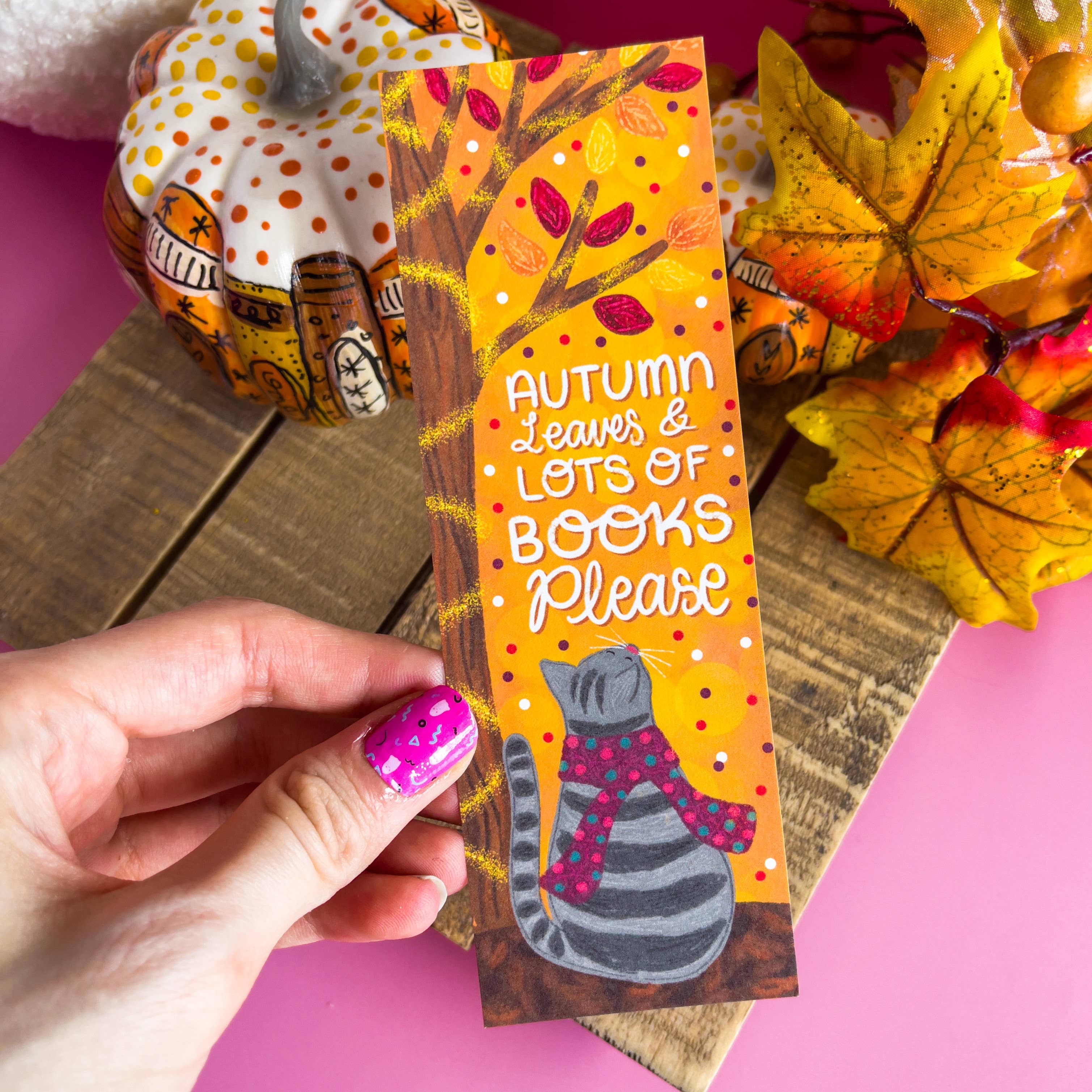 Emily Cromwell Designs - Wholesale Bookmark - Autumn Leaves and Lots of Book Please Cat Bookmark1