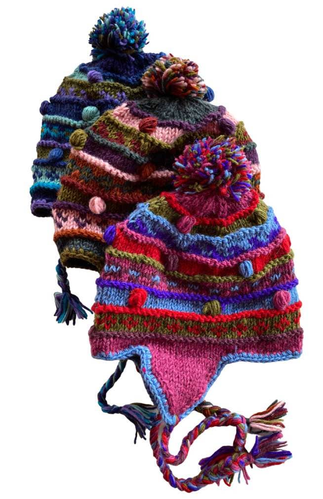 Ganesh Himal Trading – wholesale Beanie – Women's – Wool Knit Earflap Hat w/Stripes & Babbles, fleece lined3