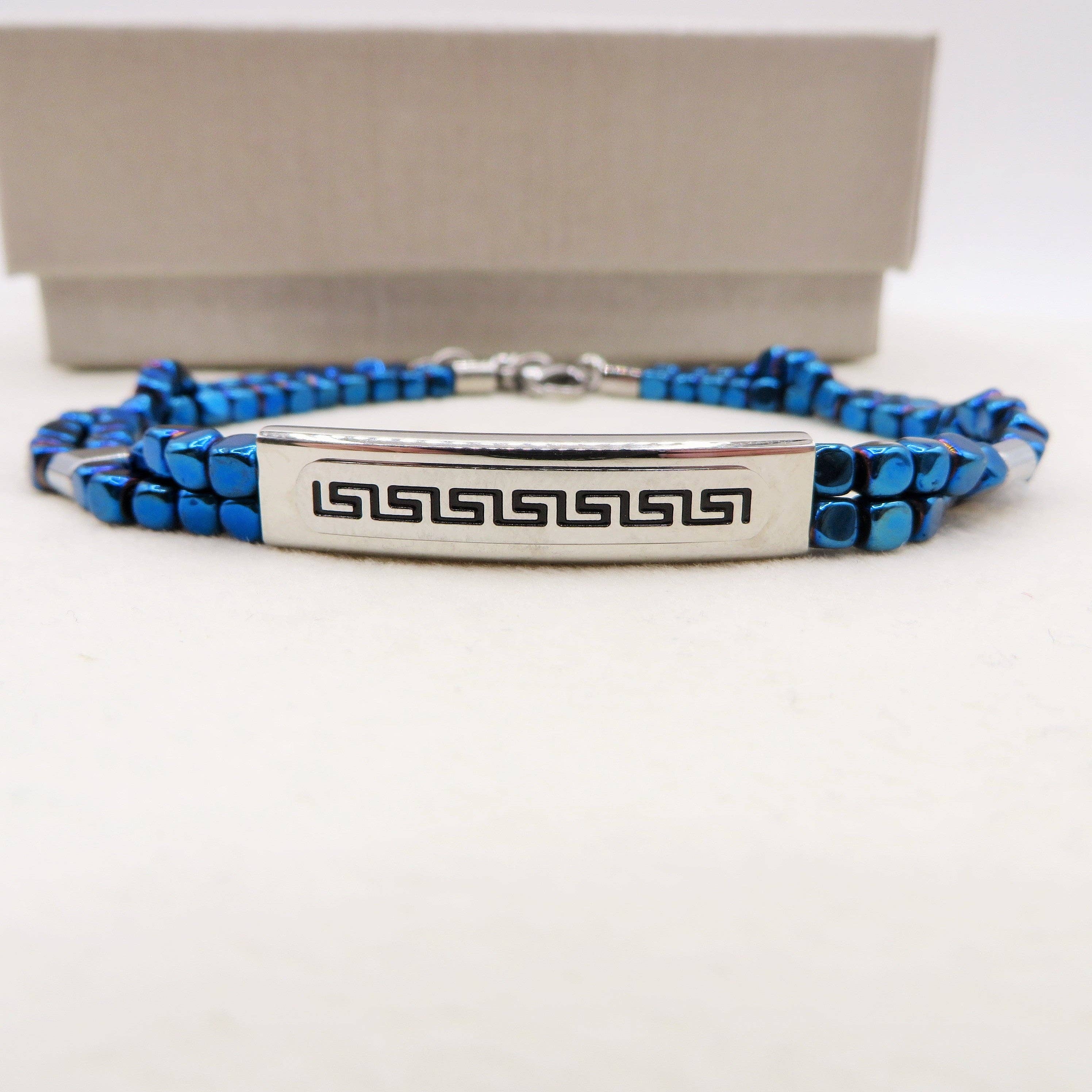 ARES Bracciale uomo  Targhetta con greche e cubetti in ematite BLU  -  ACCIAIO INOSSIDABILE for wholesale on Faire0
