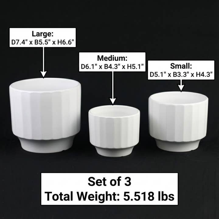 Florinia - Wholesale Plant Pot - 3-Piece White Stoneware Planter Set with Fluted Design4