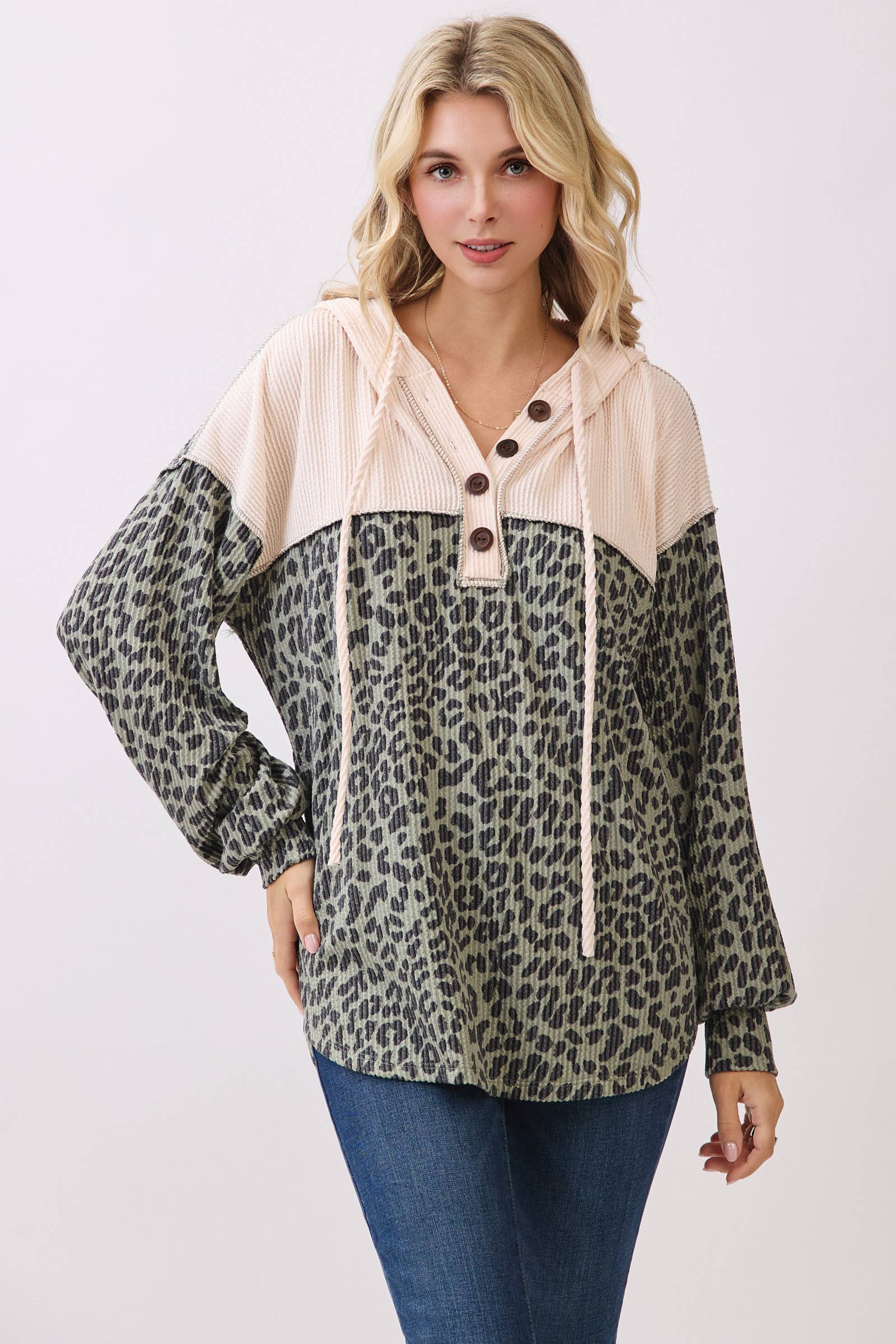 7th Ray - Wholesale Hoodie - Women's - Leopard Print Button Front Drawstring Hoodie T61157