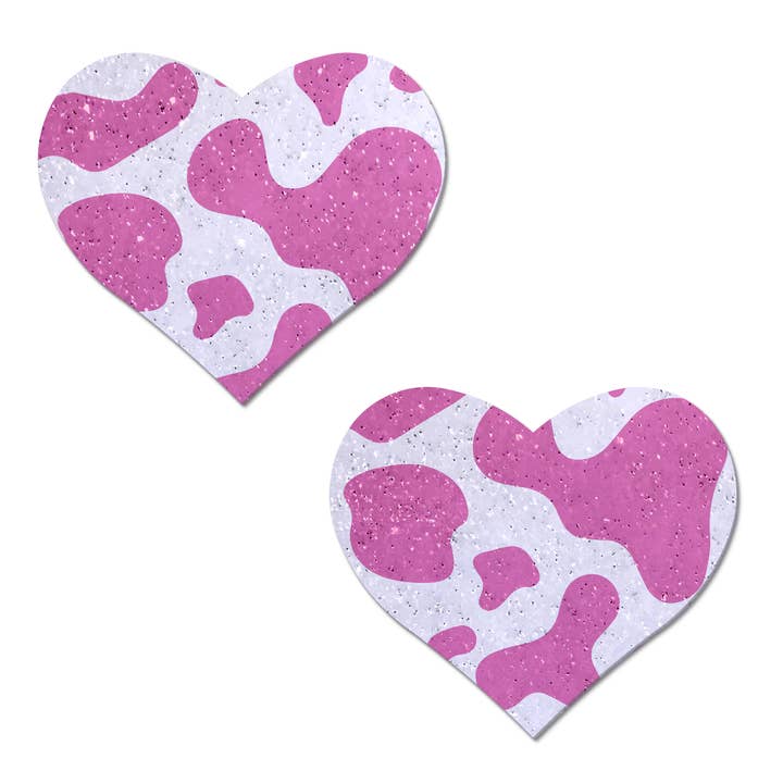 Love: Pink Cow Print Heart on Glitter Velvet Pasties for wholesale by Pastease®