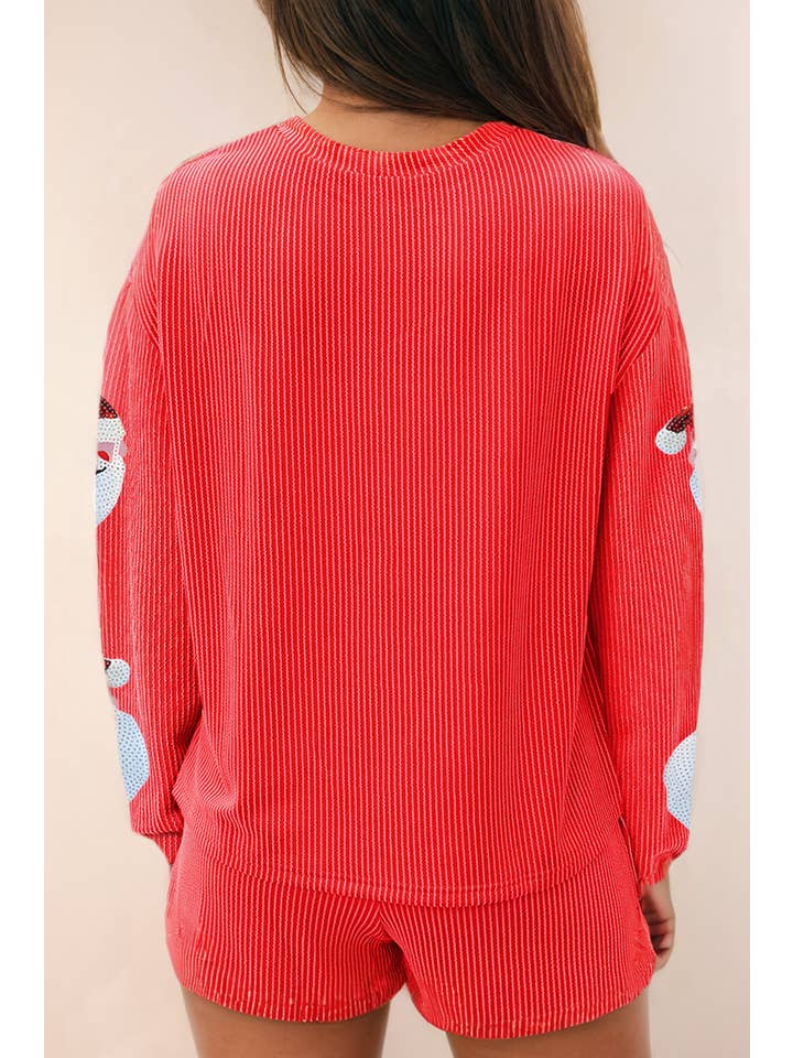Red Sequin Christmas Santa Clause Pullover and Shorts Lounge Set for wholesale on Faire