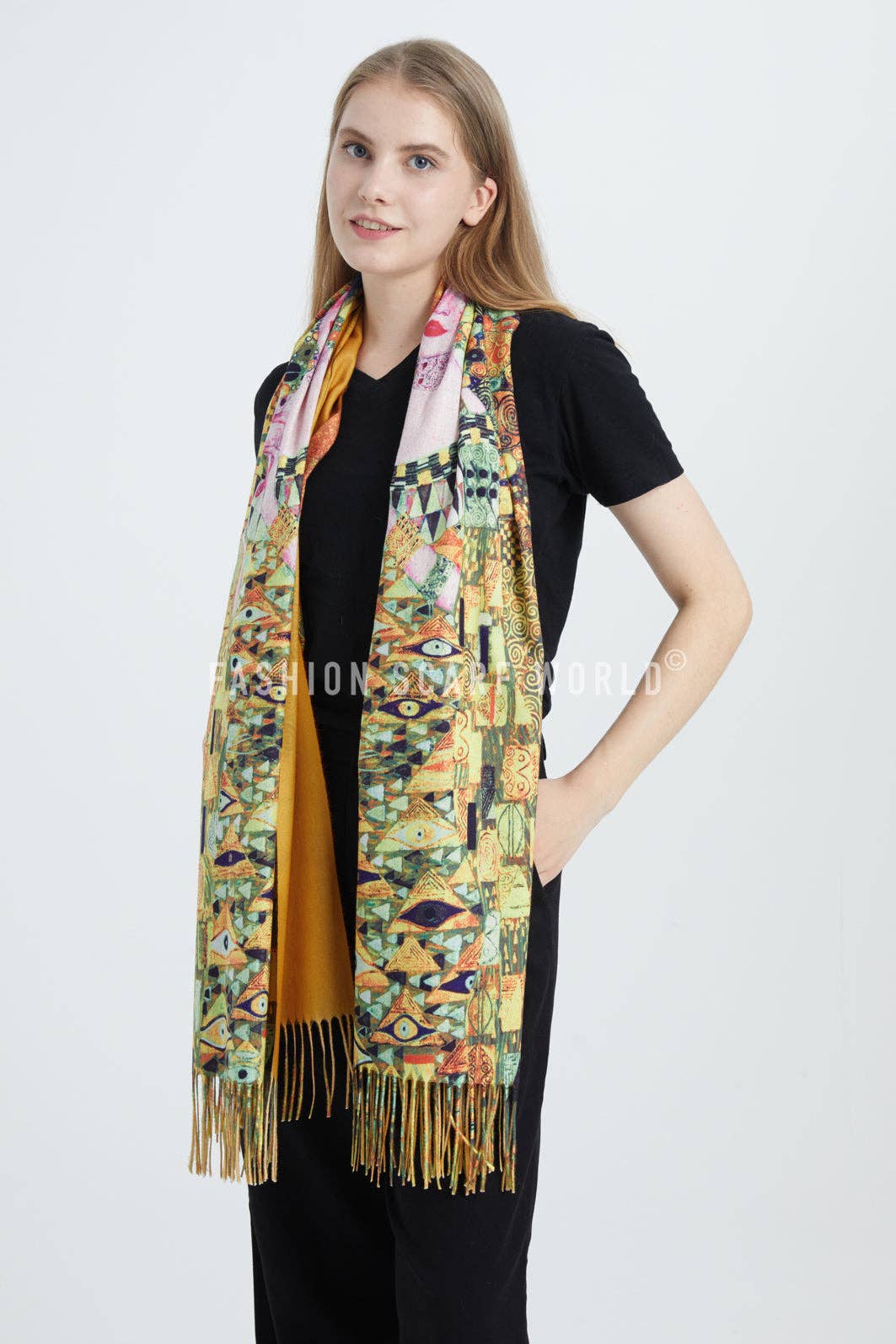 Fashion Scarf World - Wholesale Scarf - Women's - Klimt 'Portrait Of Adele' Print Wool Tassel Scarf3