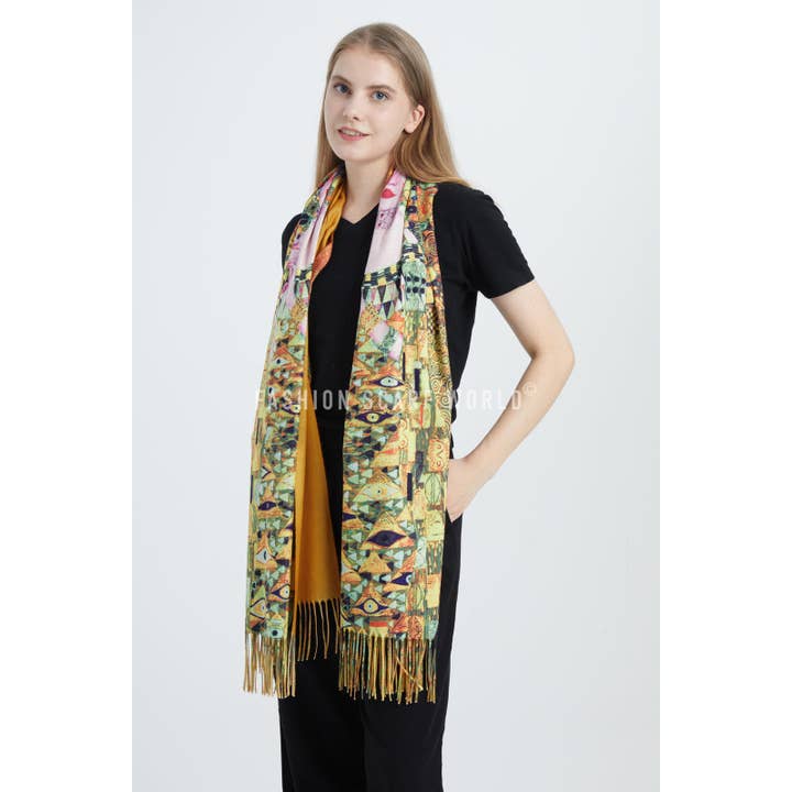 Fashion Scarf World – wholesale Scarf – Women's – Klimt 'Portrait Of Adele' Print Wool Tassel Scarf3