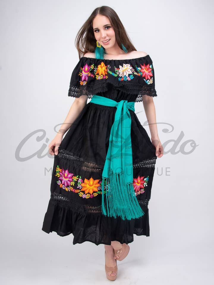 Mexican Luxury Campesino Fino Maxi Dress Black for wholesale by Cielito Lindo