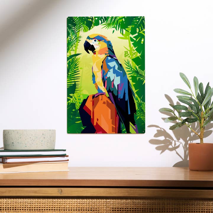 Lantern Press - Wholesale Wood Wall Art - WOOD SIGN ART Colorful Macaw in Jungle Scene Geometric3