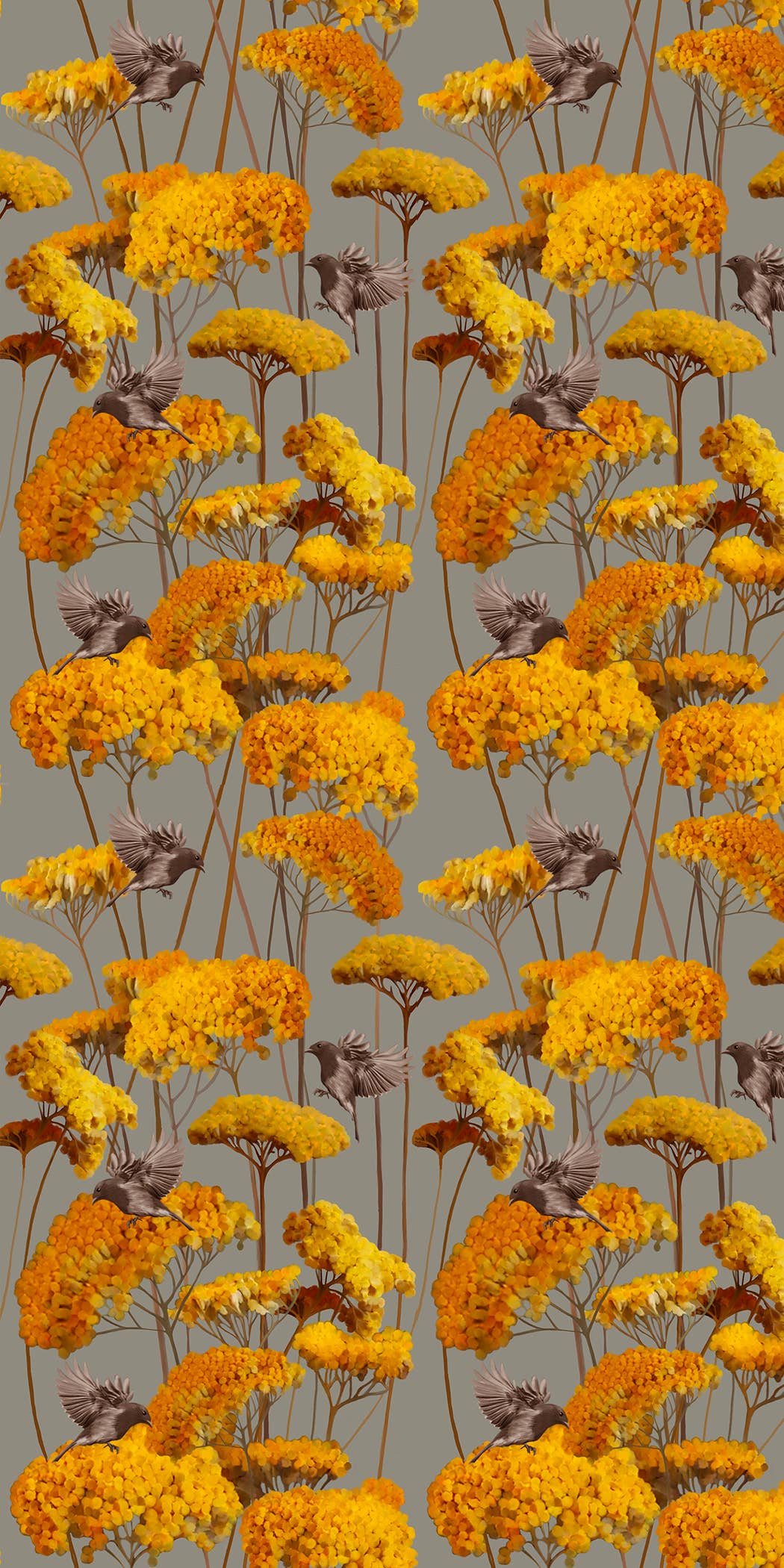 Daria Petrilli - Wholesale Wallpaper - BIRD ON YELLOW ACHILLEA FLOWER ON ASH SKY - WALLPAPER (Copy)2
