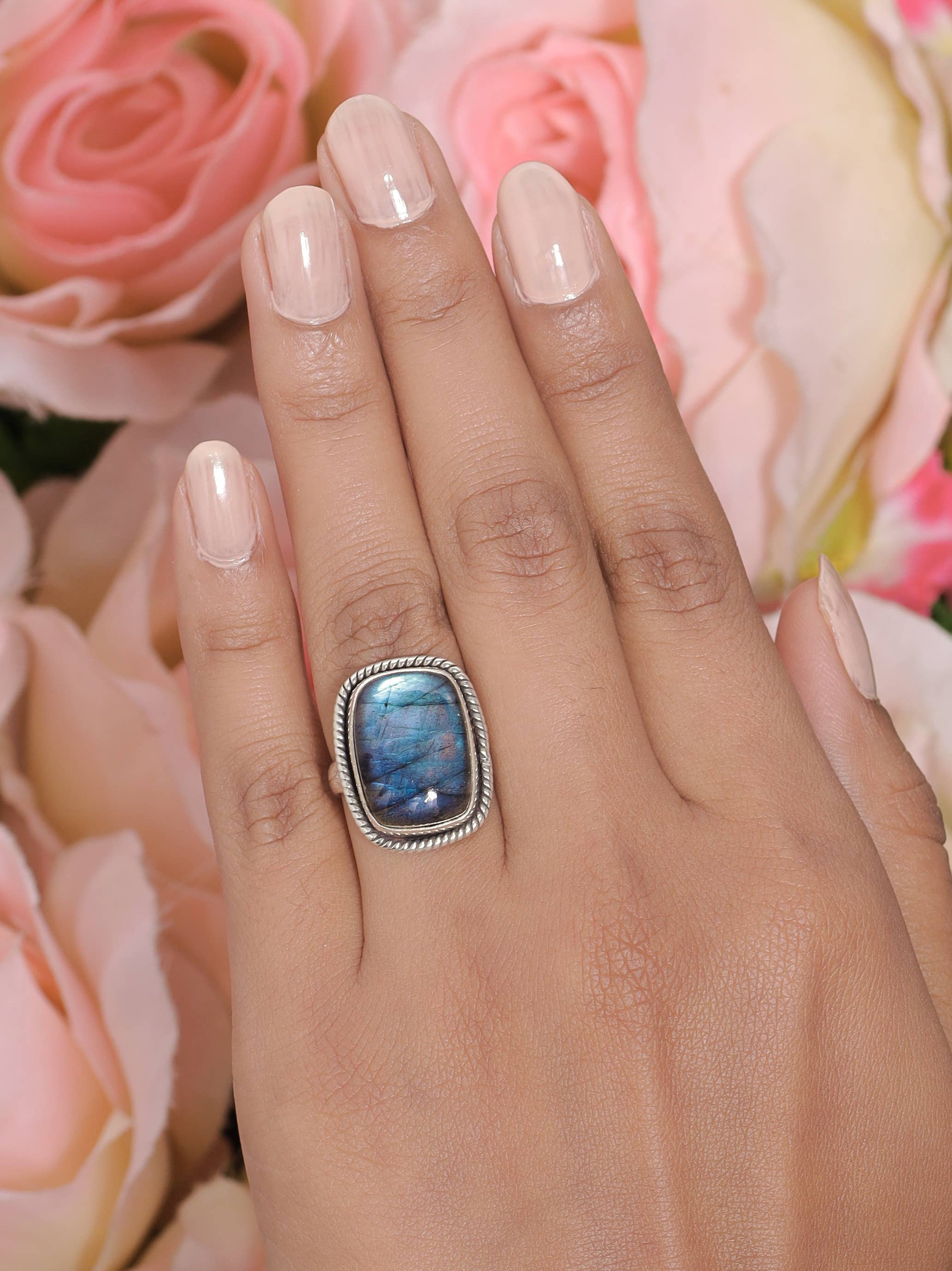 Tiramisu - Vente Bague de cocktail/de cérémonie - Bague à bord de corde en argent sterling 925 labradorite2