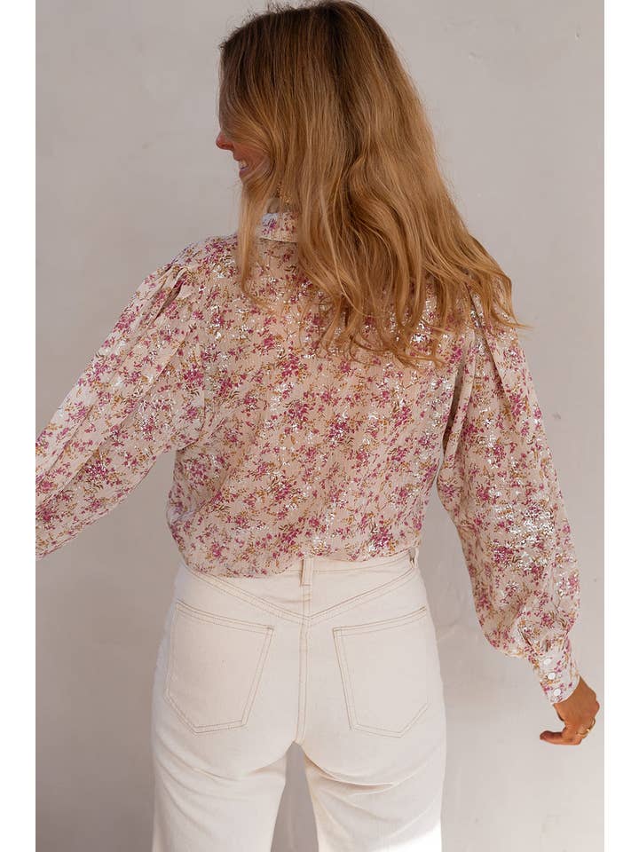 Pink Bishop Sleeve Collared V Neck Shirt for wholesale on Faire1