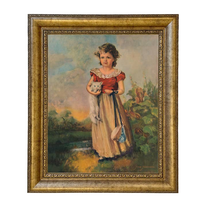 Amici, Ragazza con Gatto Stampa di Dipinto Vintage su Tela per la vendita all'ingrosso da parte di Madison Bay Co. - Historical Home Decor Reproductions