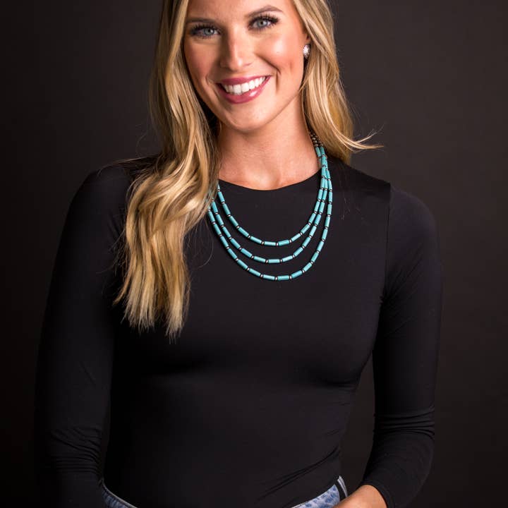 West & Co. - Wholesale Beaded/Pearl Necklace - 3 Strand Turquoise Tube Bead & Faux Navajo Pearl Necklace1