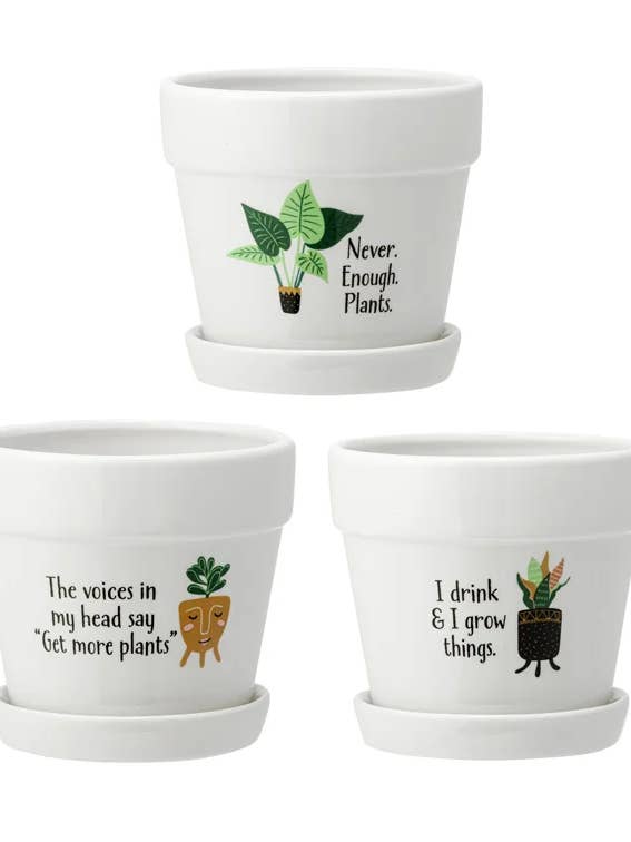Set of 3 White Planters with Saucers | Plant Humor #14923 for wholesale by Napco
