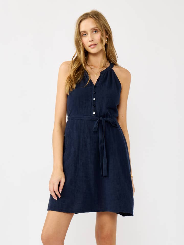 Midnight Sleeveless Button-Front Mini Dress with Waist Tie for wholesale on Faire0