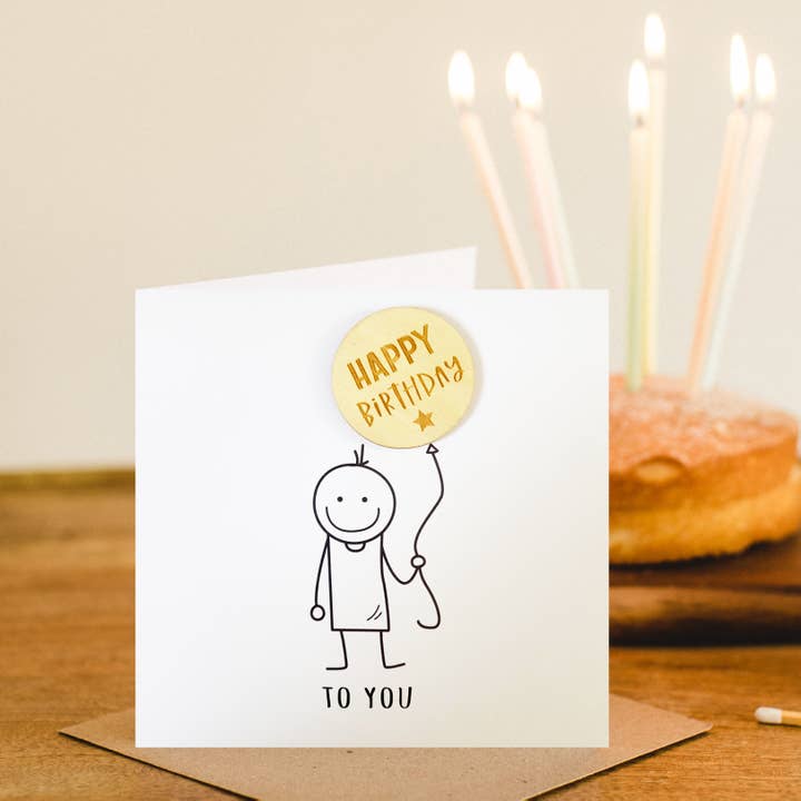 Cute Stick Man Happy Birthday Balloon Card for wholesale by Jodie Gaul & Co