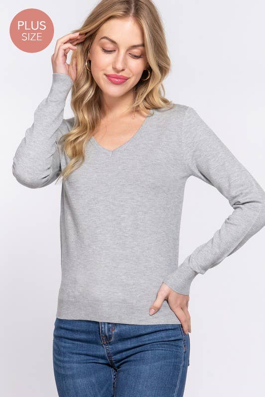Active Basic | Active USA - Wholesale Knit Sweater - Women's - [PLUS SIZE] Long Sleeve V-neck Basic Sweater8