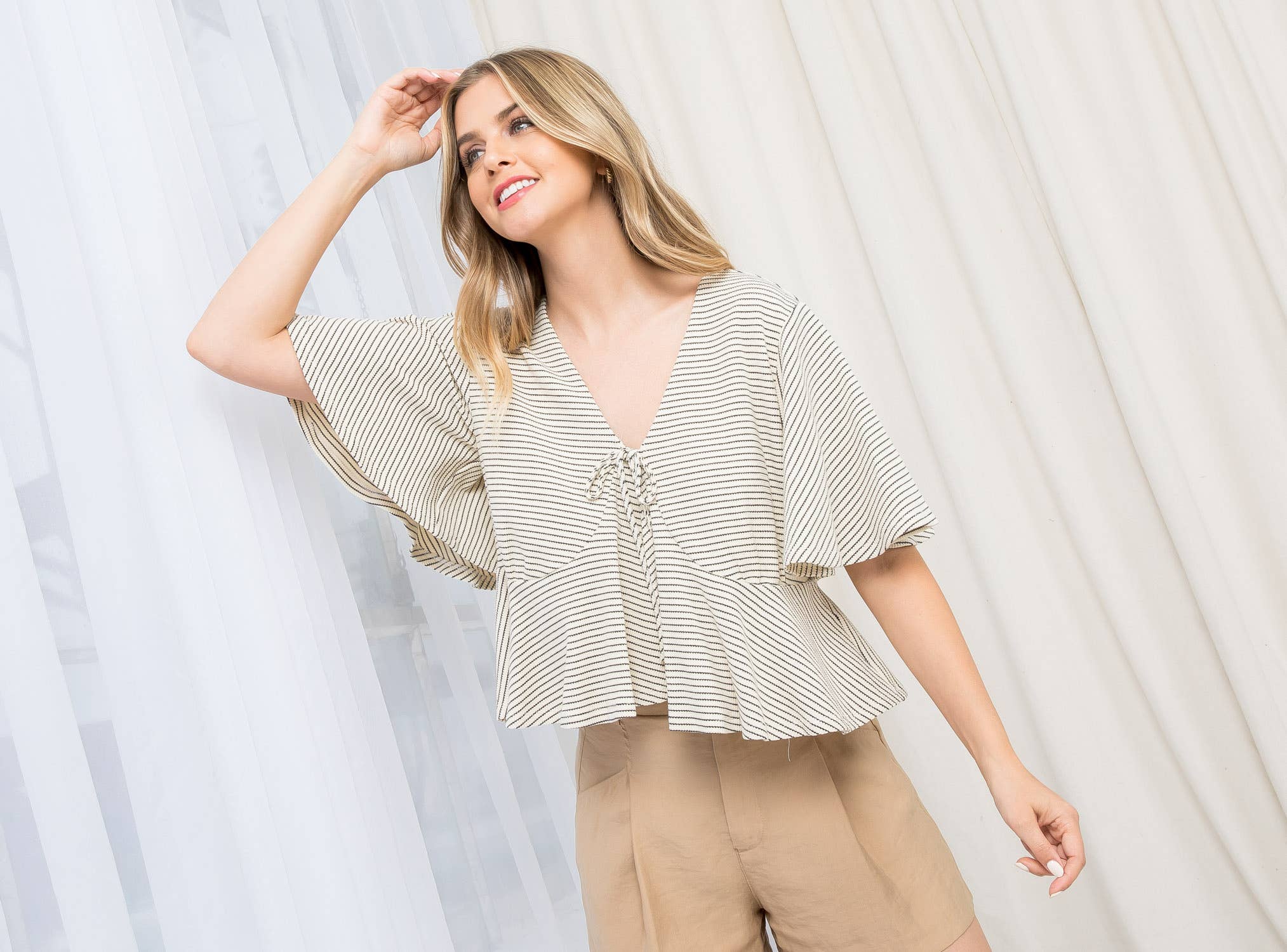Cream Stripe Front Tie Short Sleeve Cardigan for wholesale on Faire8