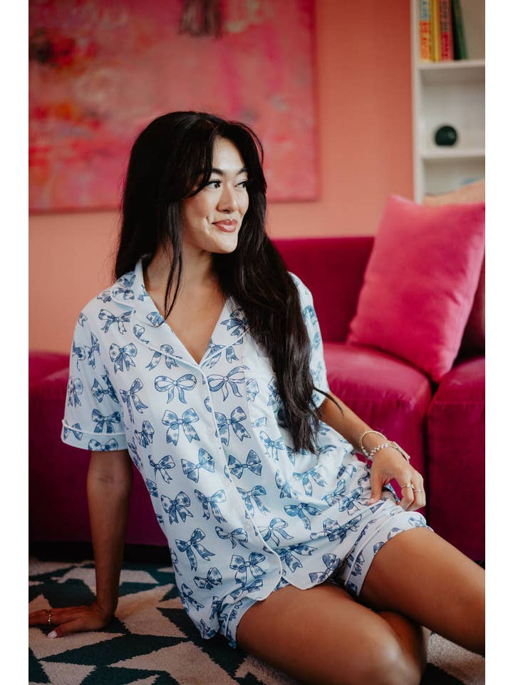 Light Blue Toile Print Coquette Bows Cute Pajamas for wholesale on Faire
