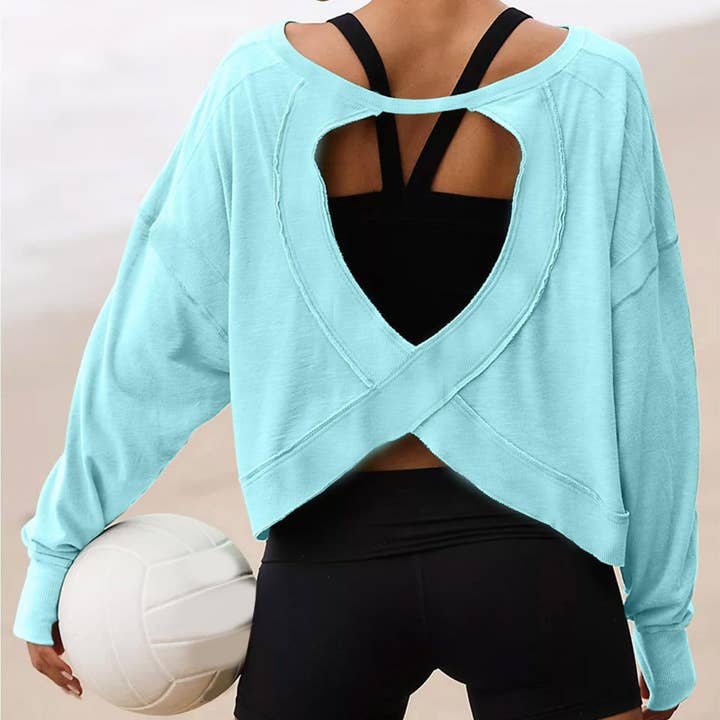 HIDDENBRAND - Wholesale T-Shirt - Women's - Slouchy wrapped cutout back workout long sleeve Tee