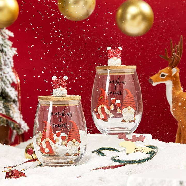 Santa Gnome Stemless Wine Glass with Wooden Lid by Gute for wholesale by The Wine Savant / Khen Glassware