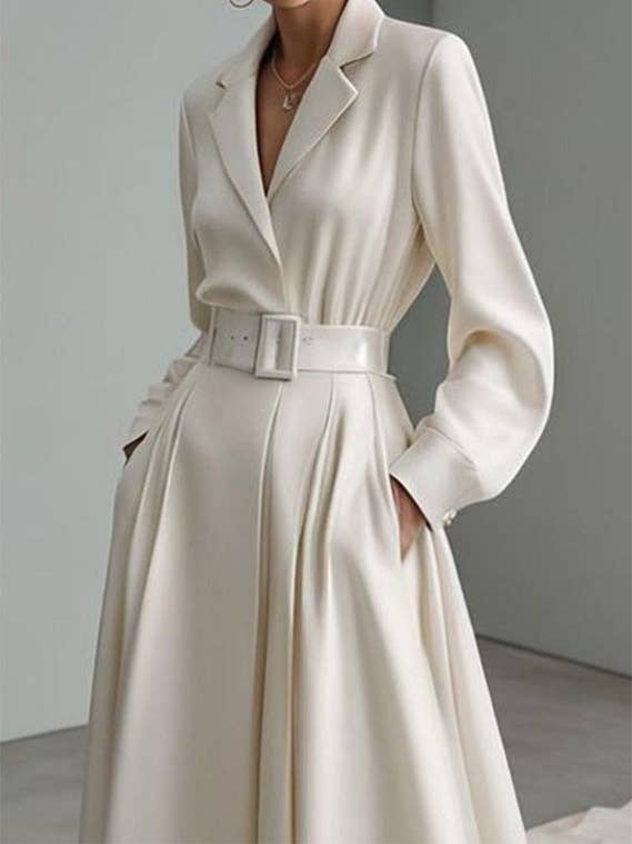 CREAM Long Sleeve No Belt Solid Notch-Collar Maxi for wholesale on Faire