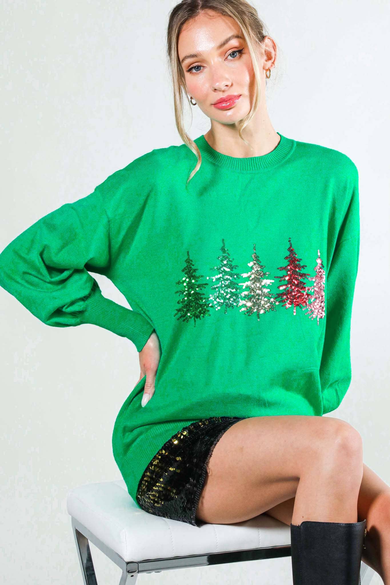 Vine & Love - Wholesale Knitted jumper – Women′s - Christmas Tree Sequin Accent Knitted Sweater VT814841