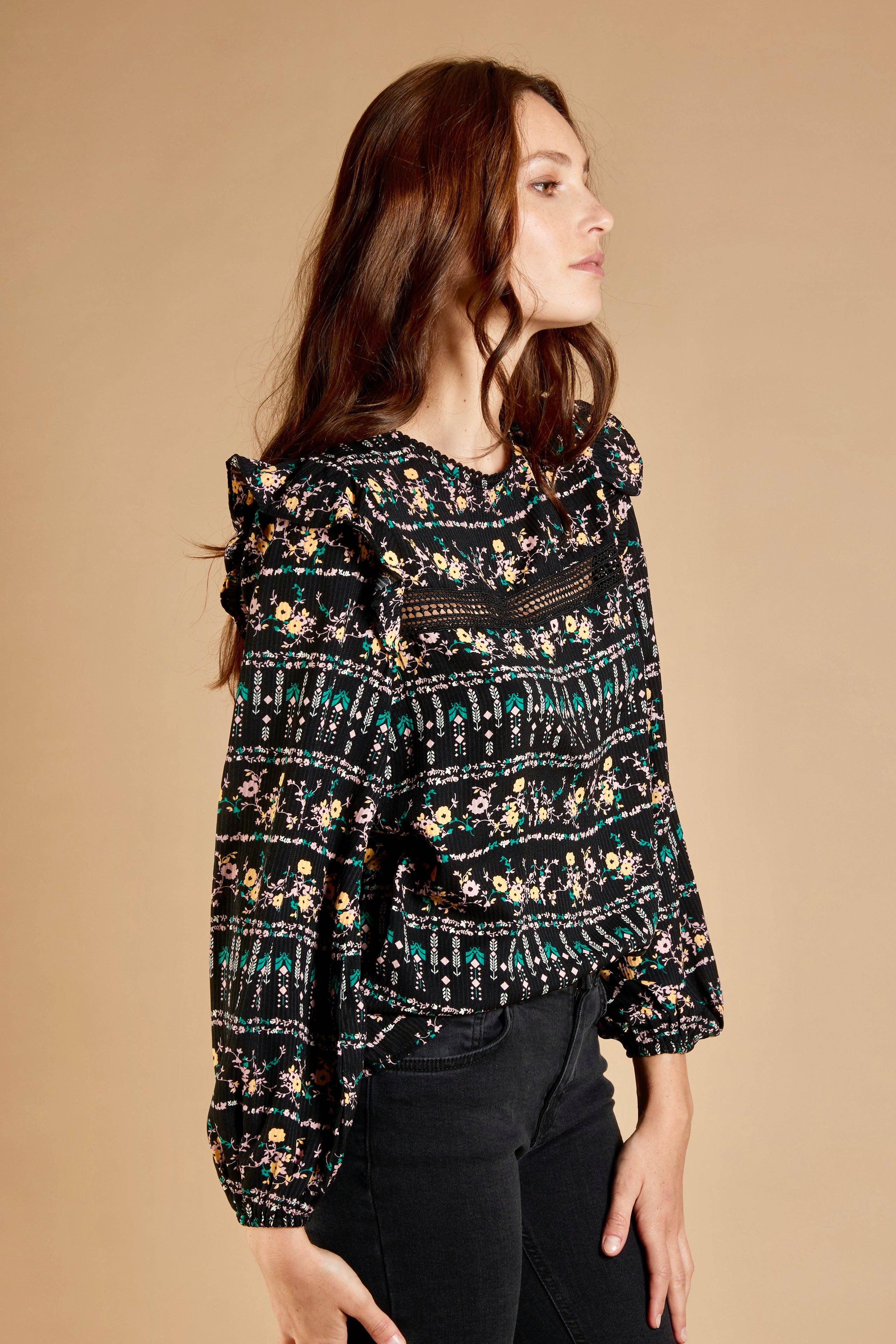 BLACK CELINA - Printed blouse with ruffles for wholesale on Faire1