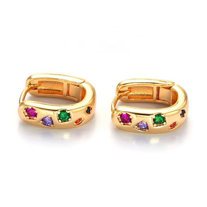 Dainty Gold Multicolor CZ U-Shaped Huggies Earrings ✦ EA-21AB002 for wholesale by Simply Jewels