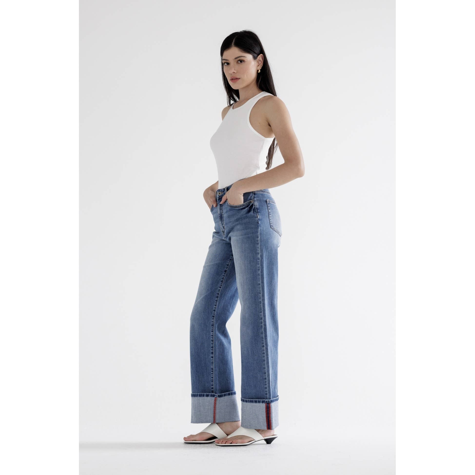 PORTO BLUE HIGH RISE WIDE LEG WITH CUFF HEM for wholesale on Faire2