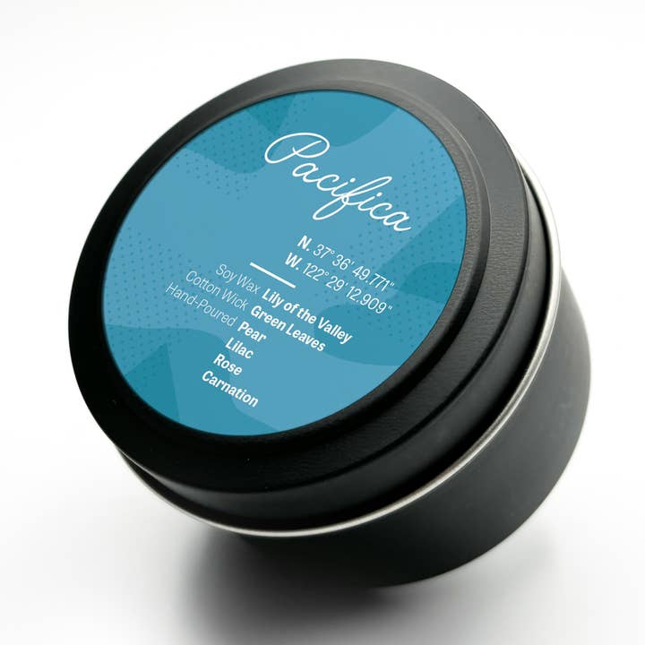 Pacifica 4oz tin for wholesale by NESW Wax Co//