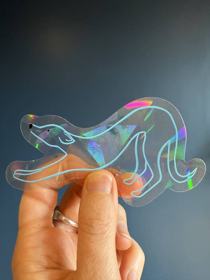 Stretching Dog sun catcher sticker for wholesale by naomi wilkinson illustration