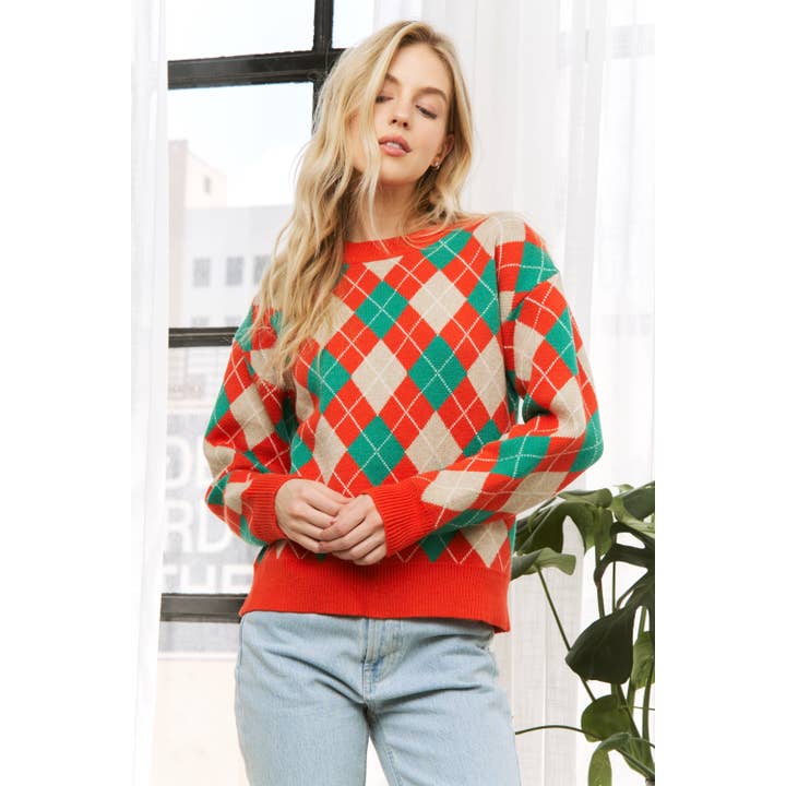Sweet Generis - Wholesale Knit Sweater - Women's - HOLIDAY ARGYLE PATTERN DROP SHOULDER PULLOVER SWEATER10