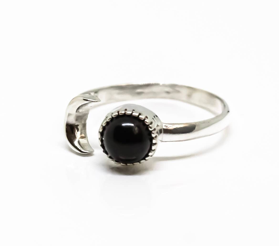 Quasar Gems USA - Wholesale Band/gestapelde ring - Zwarte Obsidiaan Ring Zon Maan Sterling Zilver Verstelbaar1