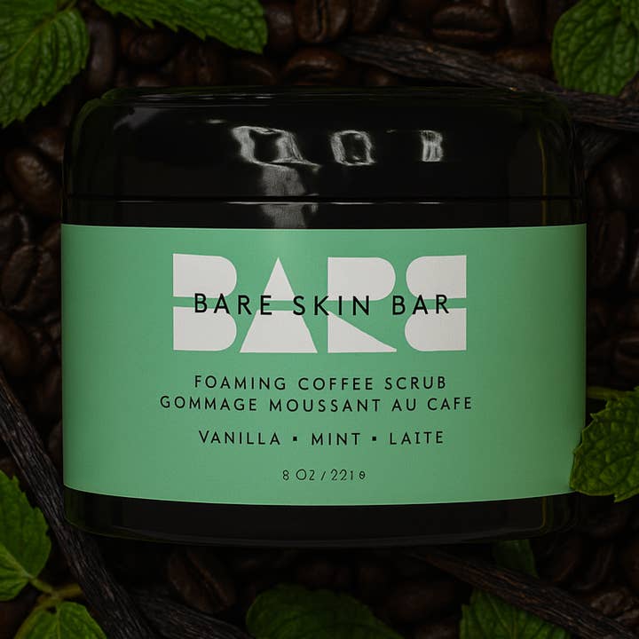 VANILLA MINT LATTE Foaming Coffee Scrub for wholesale by Bare Skin Bar/By Steven