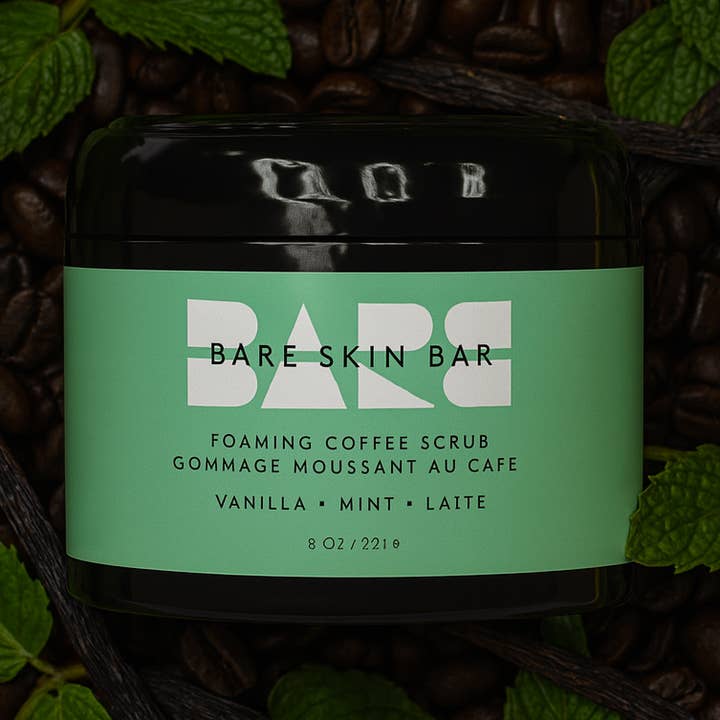 GOMMAGE MOUSSANT AU CAFÉ VANILLE MENTHE LATTE pour la vente par Bare Skin Bar/By Steven