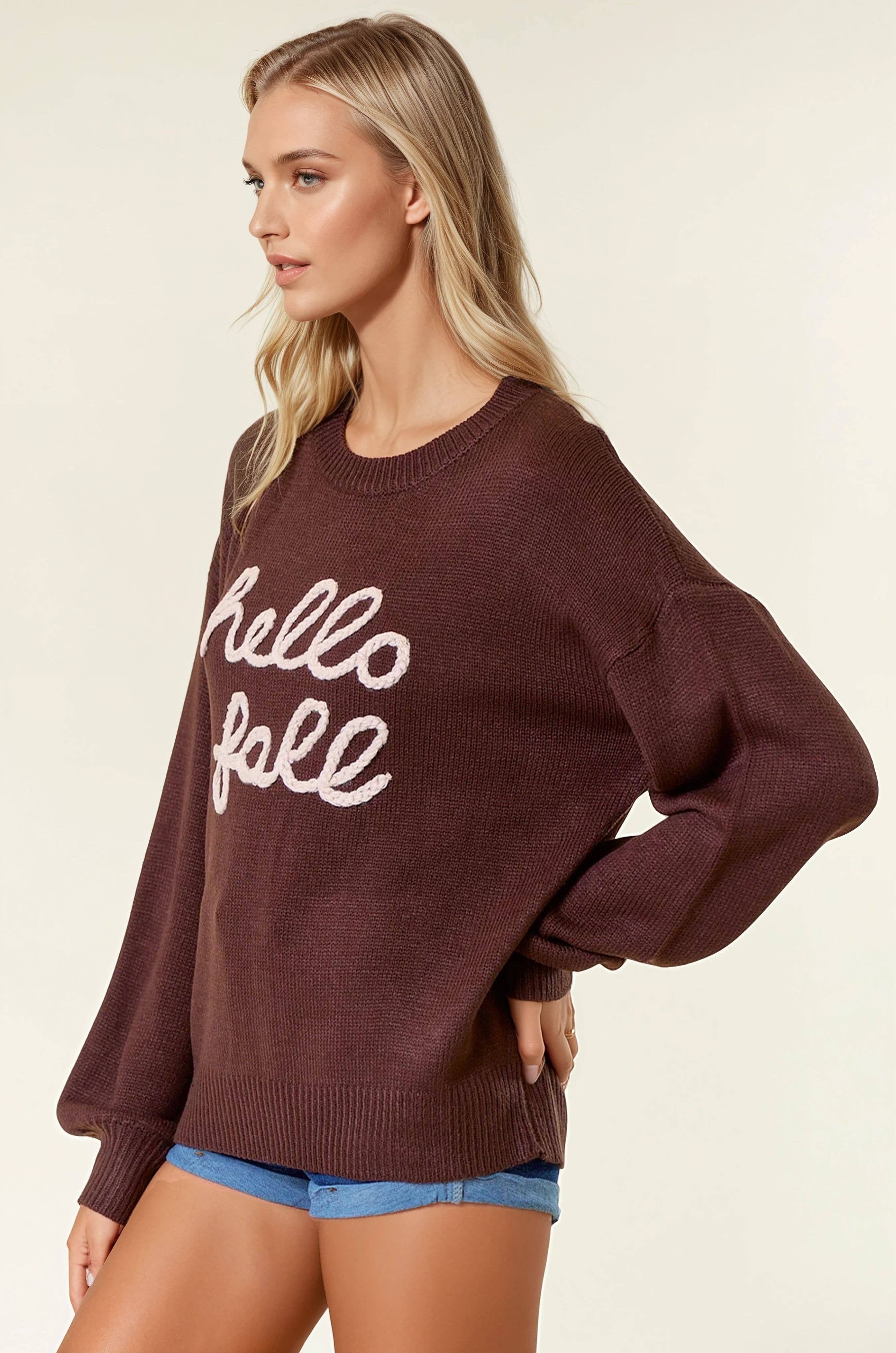 Doe and Rae - Wholesale Knit Sweater - Women's - HELLO FALL Letter Embroidered Oversize Sweater - 43995T-22