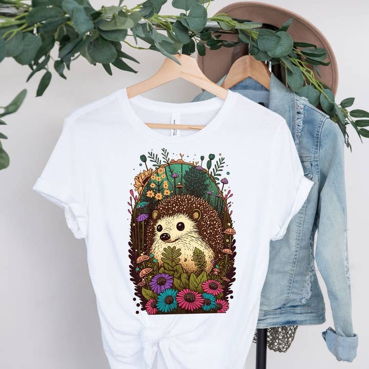 Vivtrek - Wholesale Screen Printed T-Shirt - Women's - Baby Hedgehog Floral Cottagecore Tshirt, Flower4