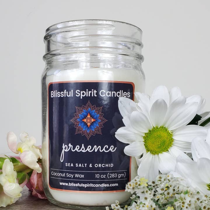 Blissful Spirit Candles - Wholesale Jar/Filled Candle - Presence - Coconut Soy Wax, Wooden Wick with Genuine Crystal1
