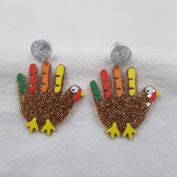 Glitter Palm Turkey Earrings - Thanksgiving for wholesale by ENA Jewelry