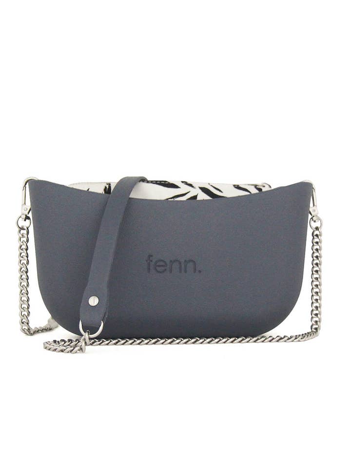 Classic DENIM BLUE with black & white canvas inner and denim blue & silver chain strap for wholesale by Fenn Collection UK