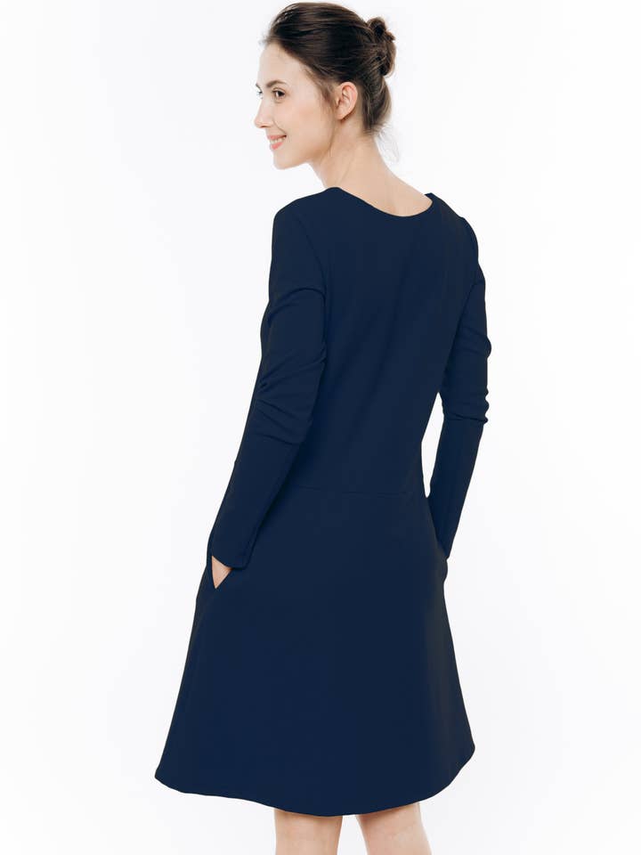 Vestido azul profundo, vestido decote em V, vestido manga comprida, solto por atacado de LeMuse